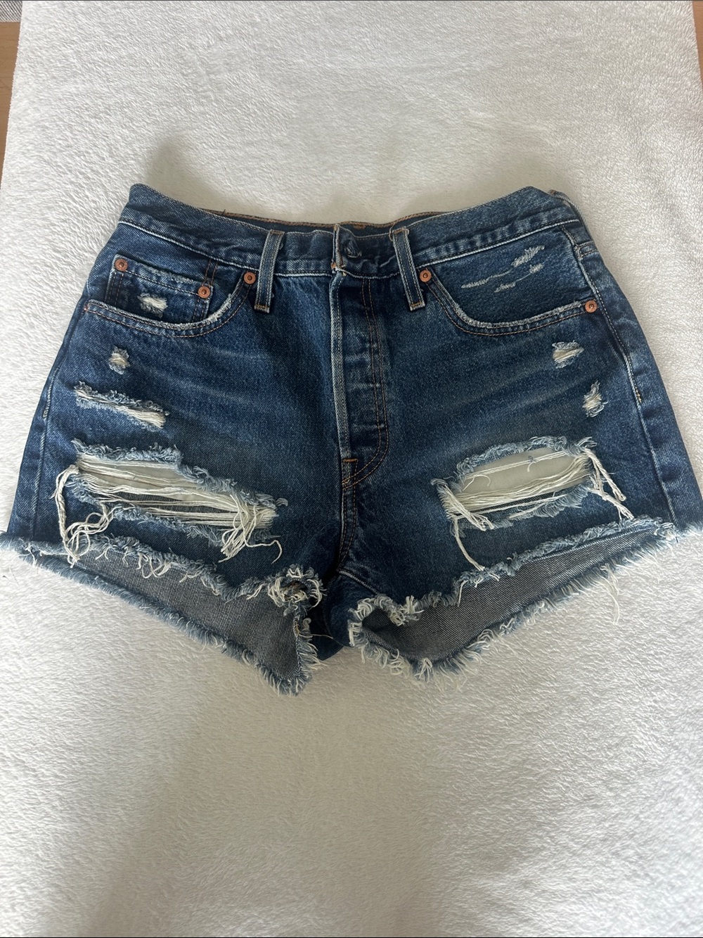 Levi's Dark Blue Distressed High-Rise Jean Shorts